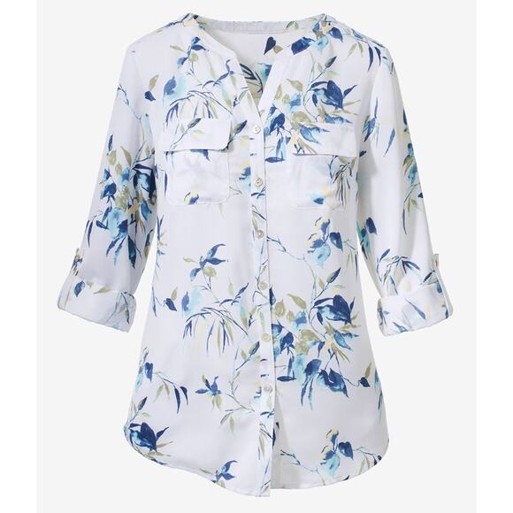 CHICO'S Summer Indigo Easy Utility Shirt Button Down Floral White Blue Size L - Picture 1 of 9